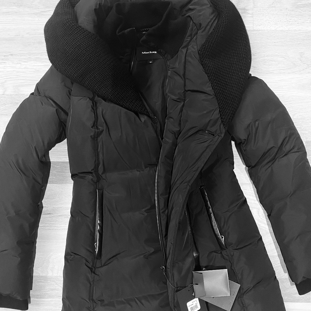 Mackage black down coat, leather trim, S (Troya)